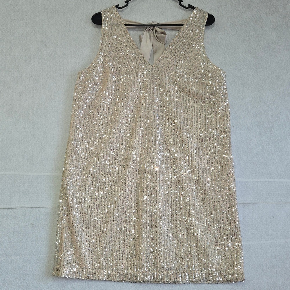 Loft Petites Sequin Shift Dress 10P Champagne Gold V-Neck Sleeveless‎ Bow Back